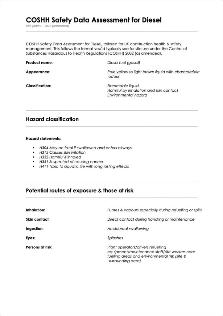 COSHH Safety Data Assessment for Diesel
