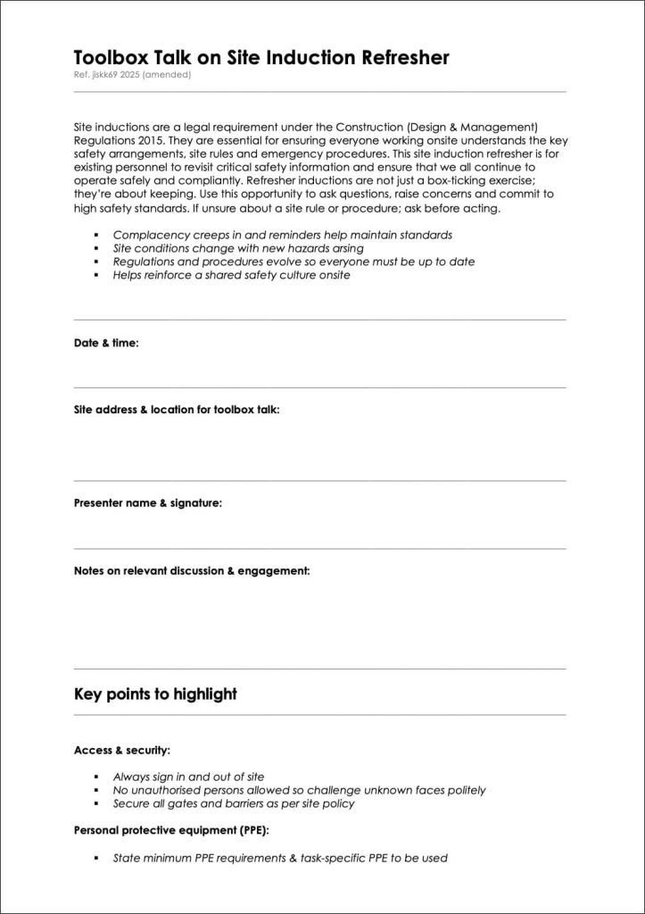 Site Induction Refresher (Toolbox Talks)